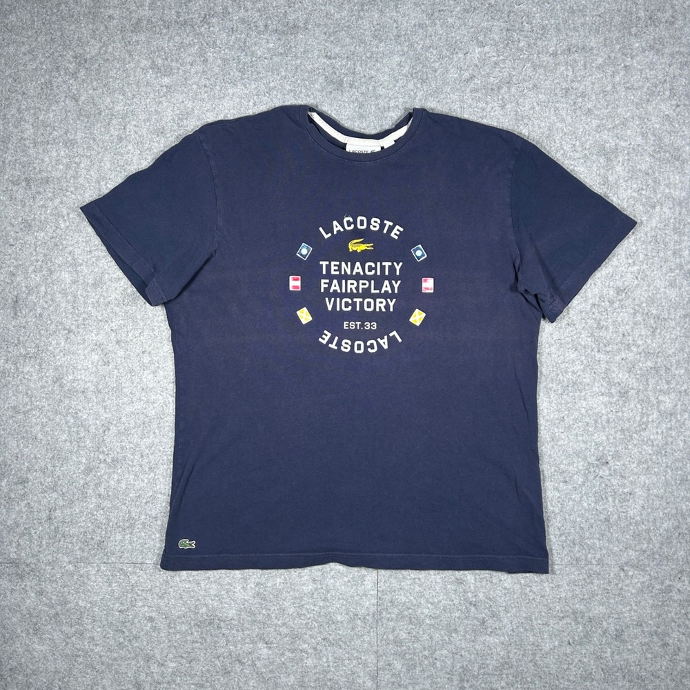 Lacoste‎ T Shirt Mens XL Blue Tenacity Fairplay Victory Graphic tee slim fit